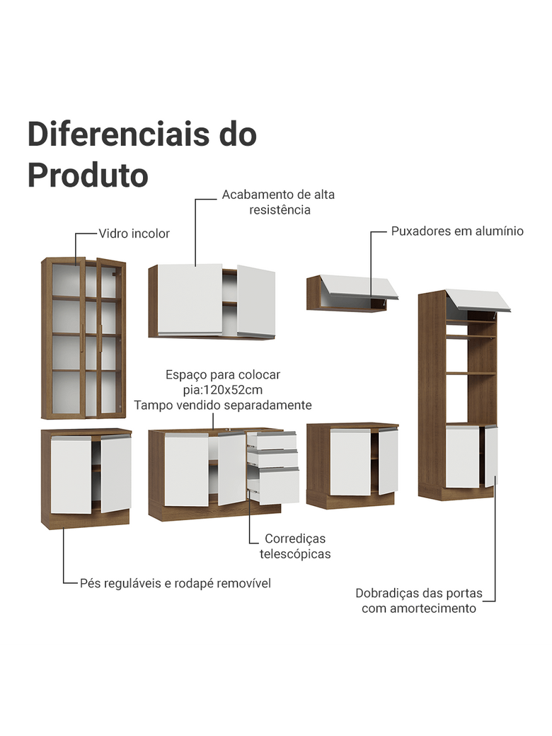 Armário de Cozinha Completa 340cm Rustic/Branco Glamy Madesa 01