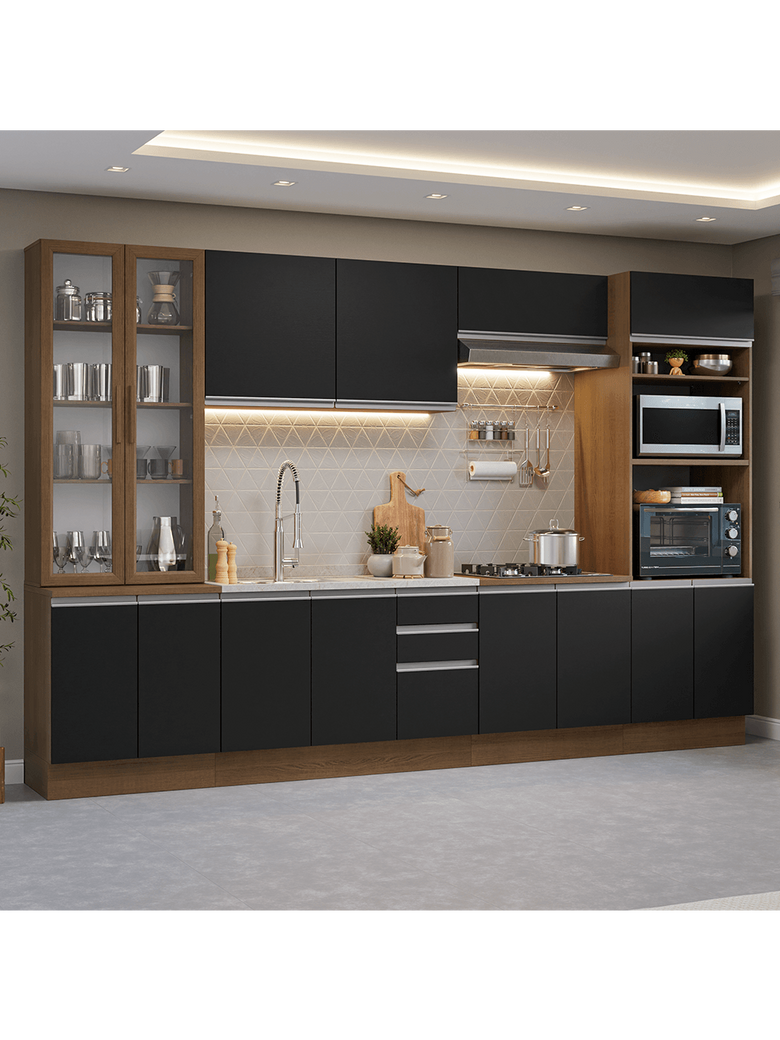 Armário de Cozinha Completa 340cm Rustic/Preto Glamy Madesa 01