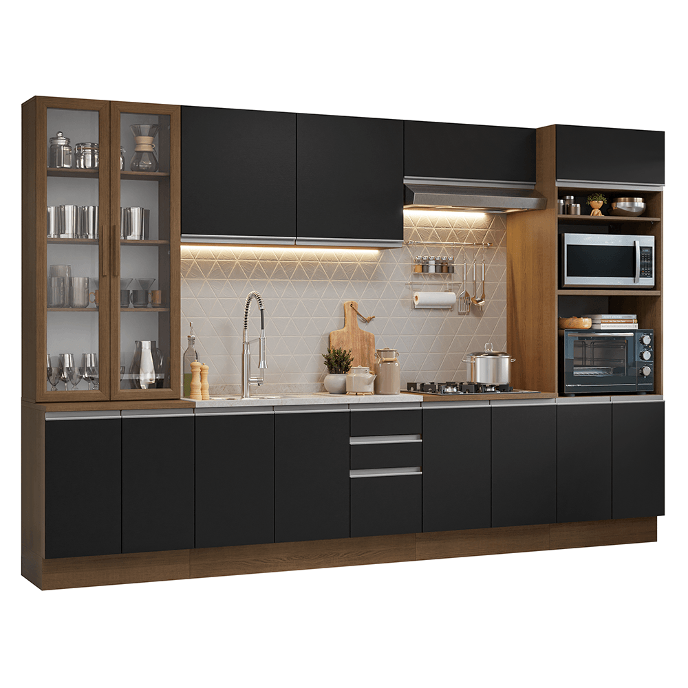 Armário de Cozinha Completa 340cm Rustic/Preto Glamy Madesa 01 - Rustic/Preto