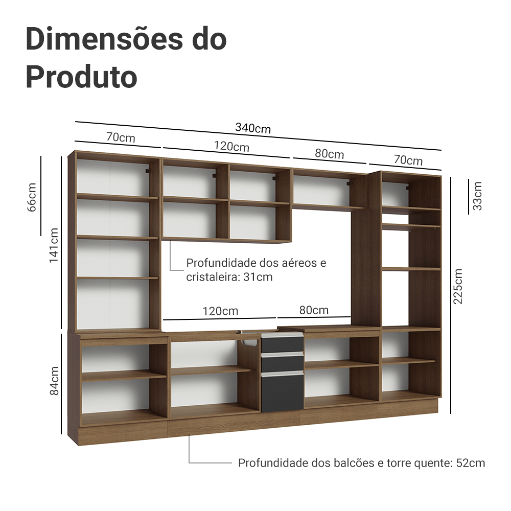 Armário de Cozinha Completa 340cm Rustic/Preto Glamy Madesa 01