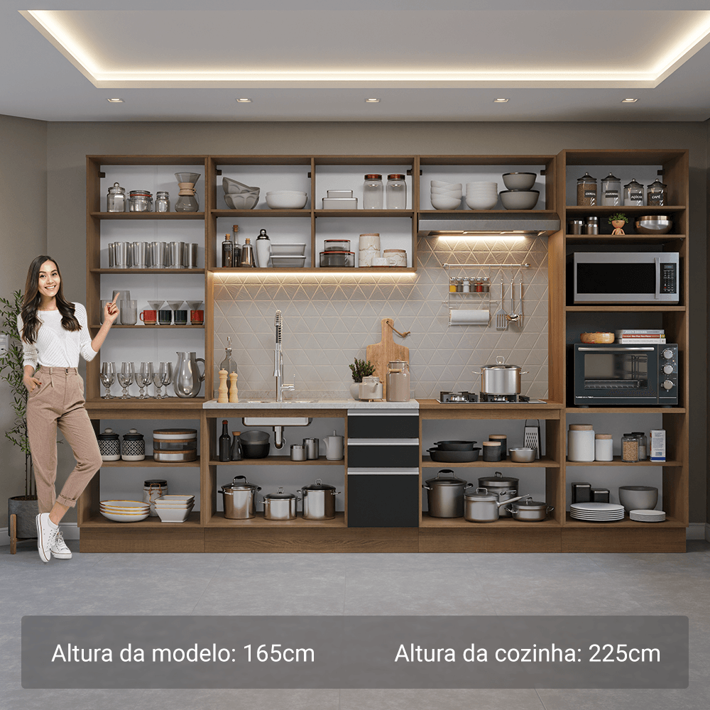 Armário de Cozinha Completa 340cm Rustic/Preto Glamy Madesa 01