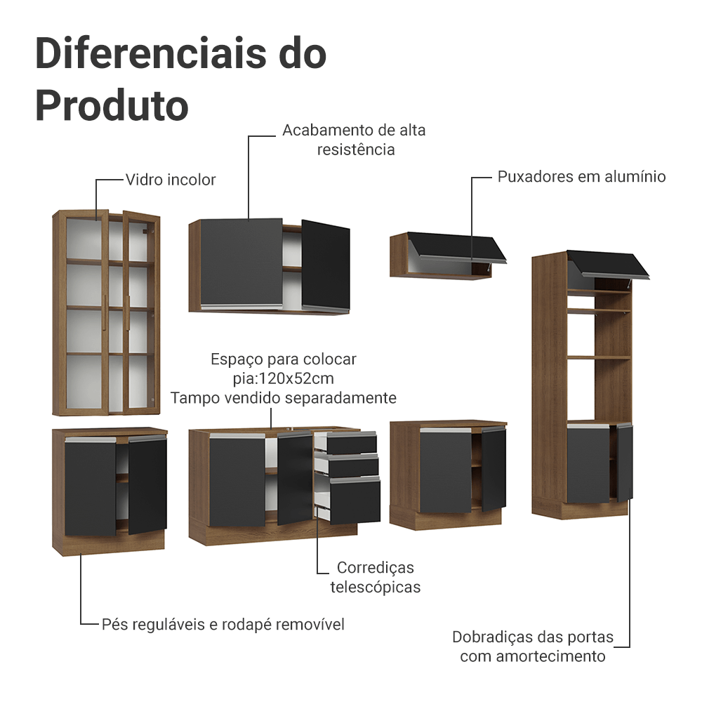 Armário de Cozinha Completa 340cm Rustic/Preto Glamy Madesa 01