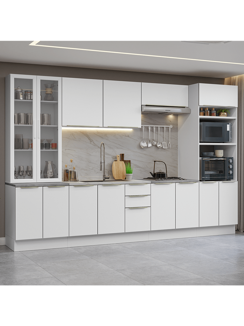 Armário de Cozinha Completa 340cm Branco/Branco Veludo Lux Madesa 02