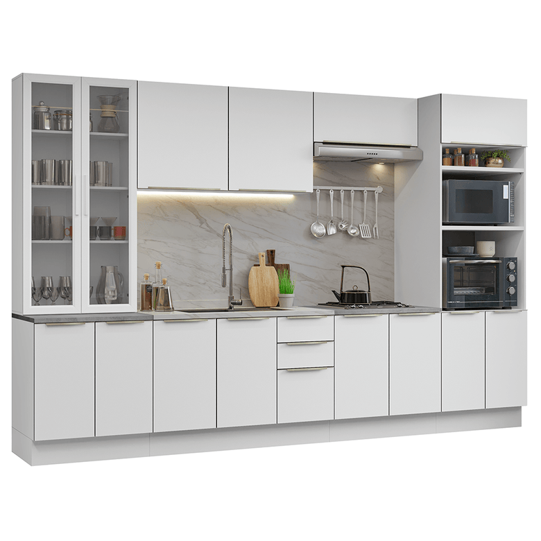 Armário de Cozinha Completa 340cm Branco/Branco Veludo Lux Madesa 02