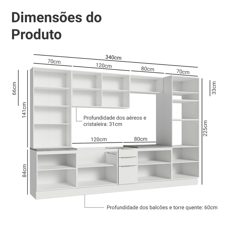 Armário de Cozinha Completa 340cm Branco/Branco Veludo Lux Madesa 02