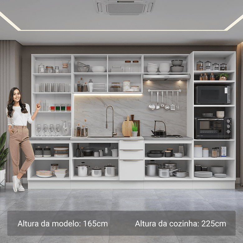 Armário de Cozinha Completa 340cm Branco/Branco Veludo Lux Madesa 02