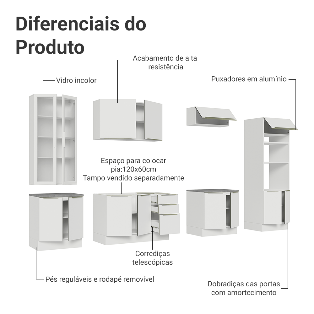 Armário de Cozinha Completa 340cm Branco/Branco Veludo Lux Madesa 02