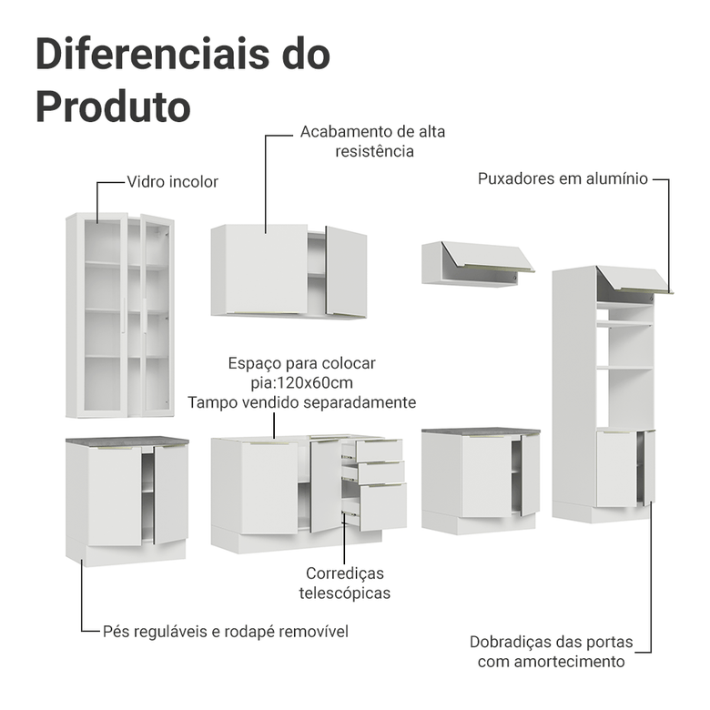 Armário de Cozinha Completa 340cm Branco/Branco Veludo Lux Madesa 02