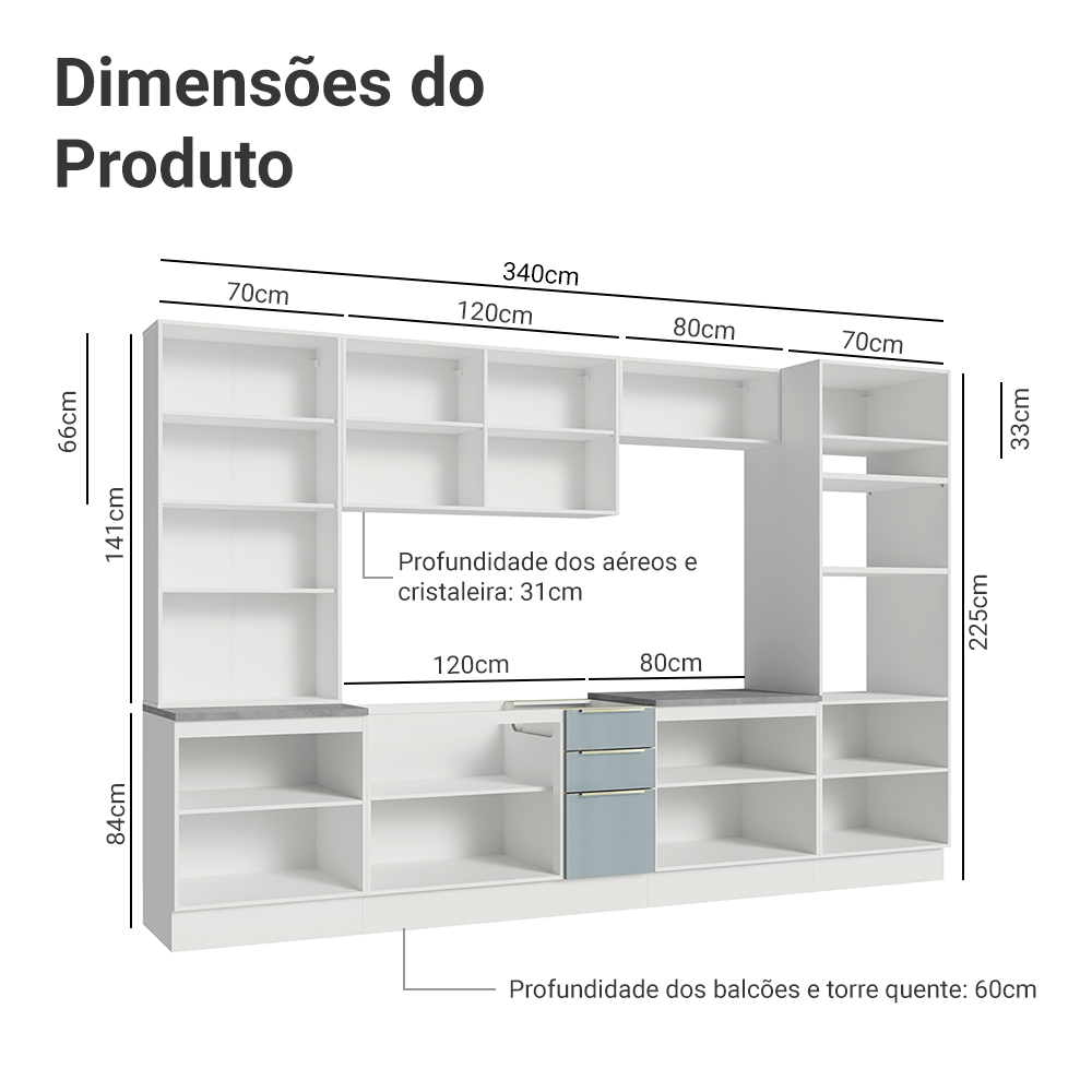 Armário de Cozinha Completa 340cm Branco/Cinza Lux Madesa 02