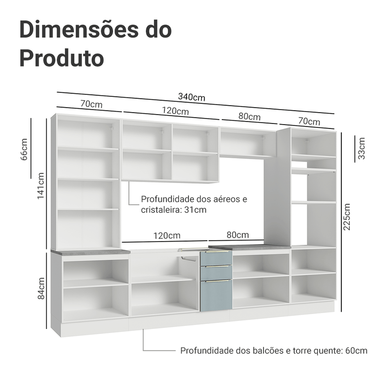 Armário de Cozinha Completa 340cm Branco/Cinza Lux Madesa 02