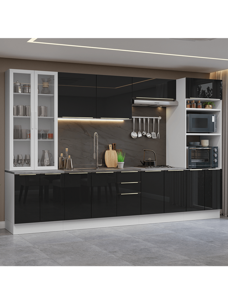 Armário de Cozinha Completa 340cm Branco/Preto Lux Madesa 02