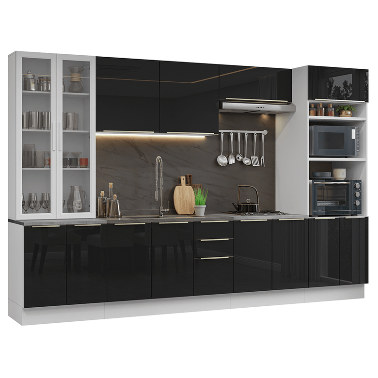 Armário de Cozinha Completa 340cm Branco/Preto Lux Madesa 02