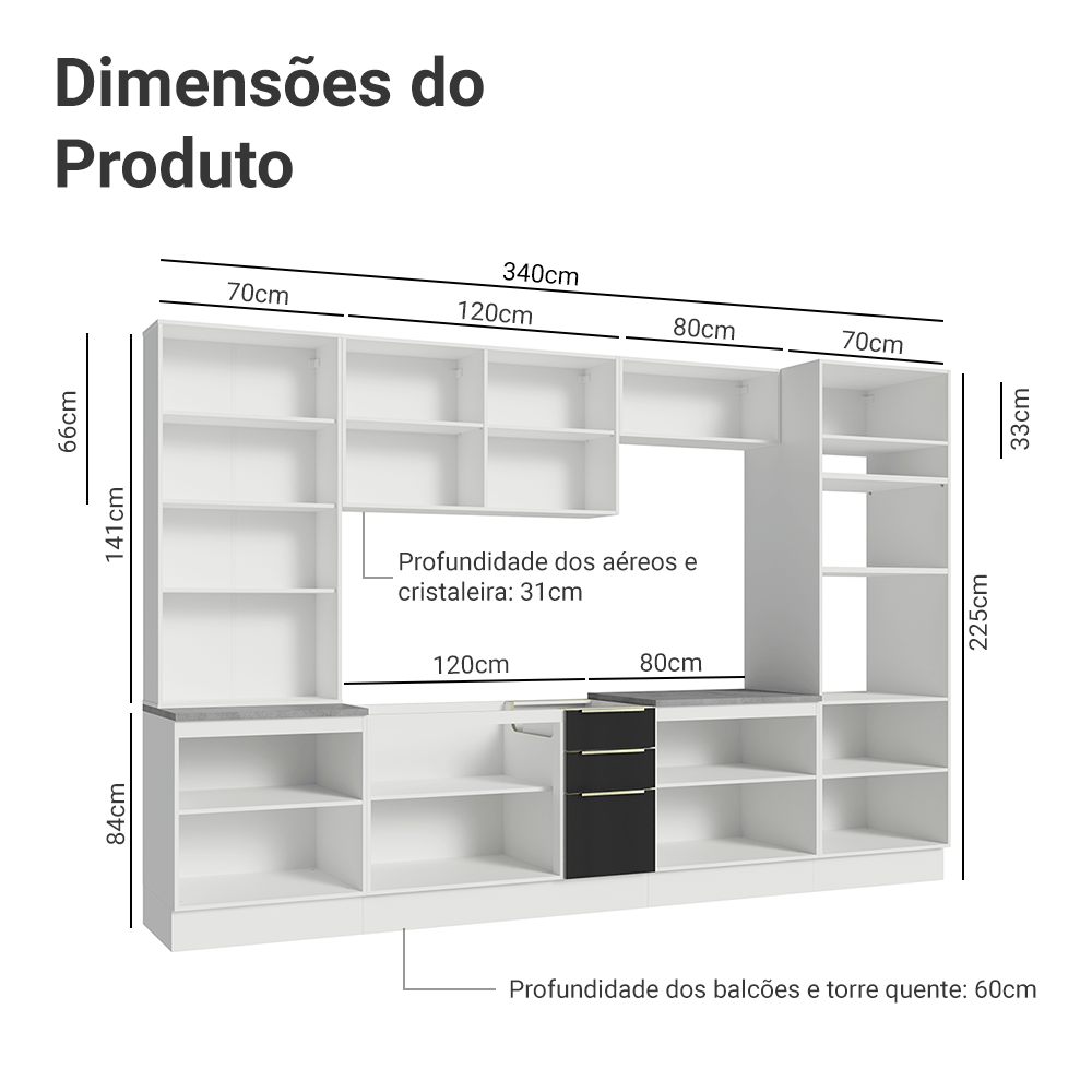 Armário de Cozinha Completa 340cm Branco/Preto Lux Madesa 02