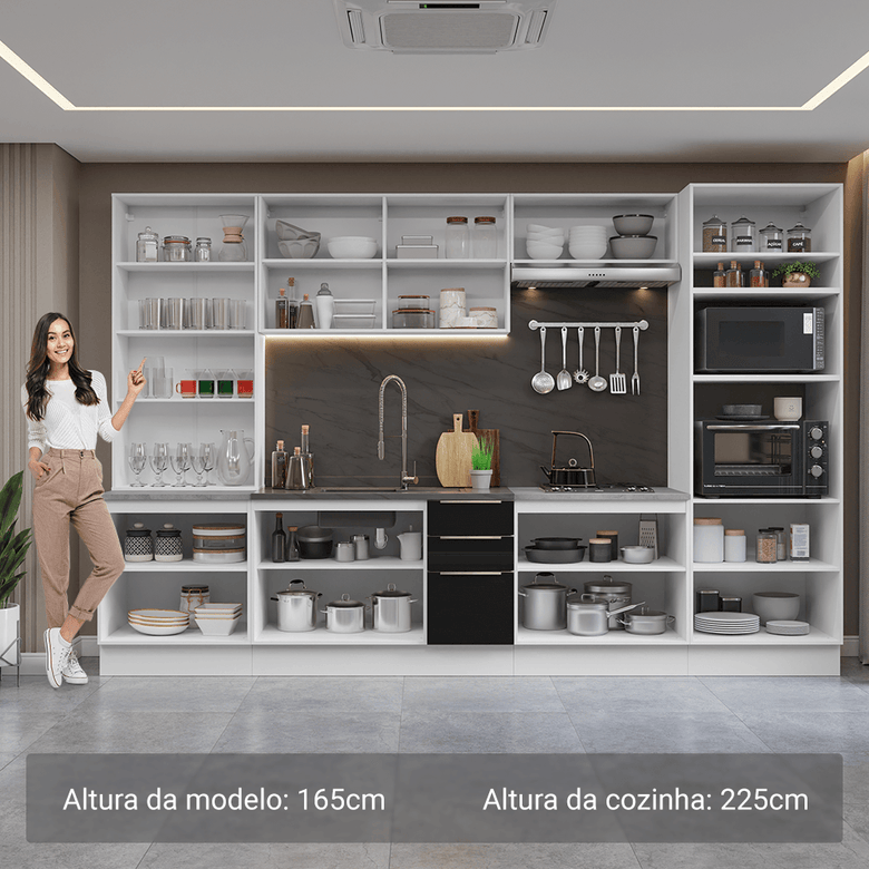 Armário de Cozinha Completa 340cm Branco/Preto Lux Madesa 02