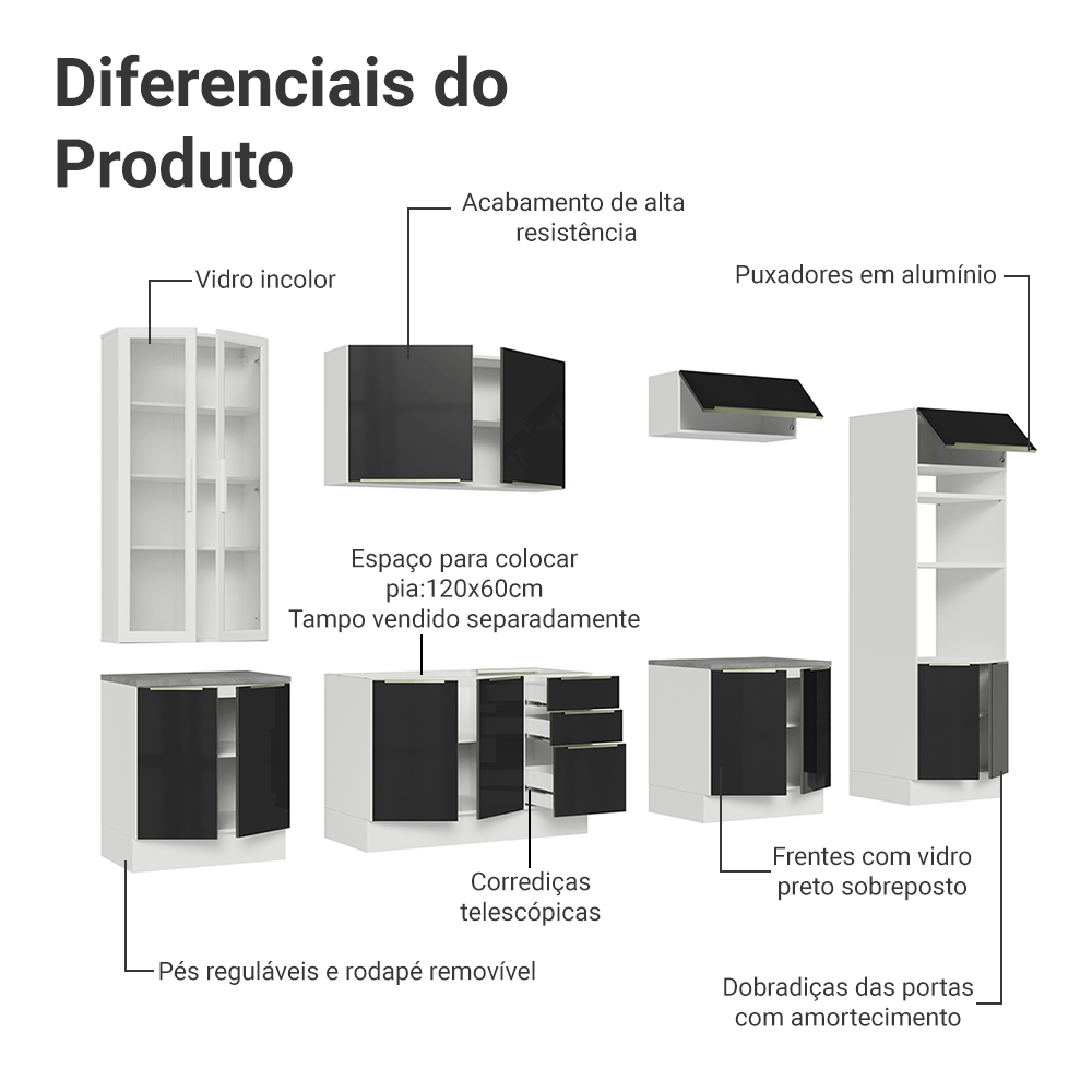 Armário de Cozinha Completa 340cm Branco/Preto Lux Madesa 02
