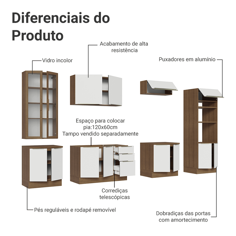 Armário de Cozinha Completa 340cm Rustic/Branco Veludo Lux Madesa 02
