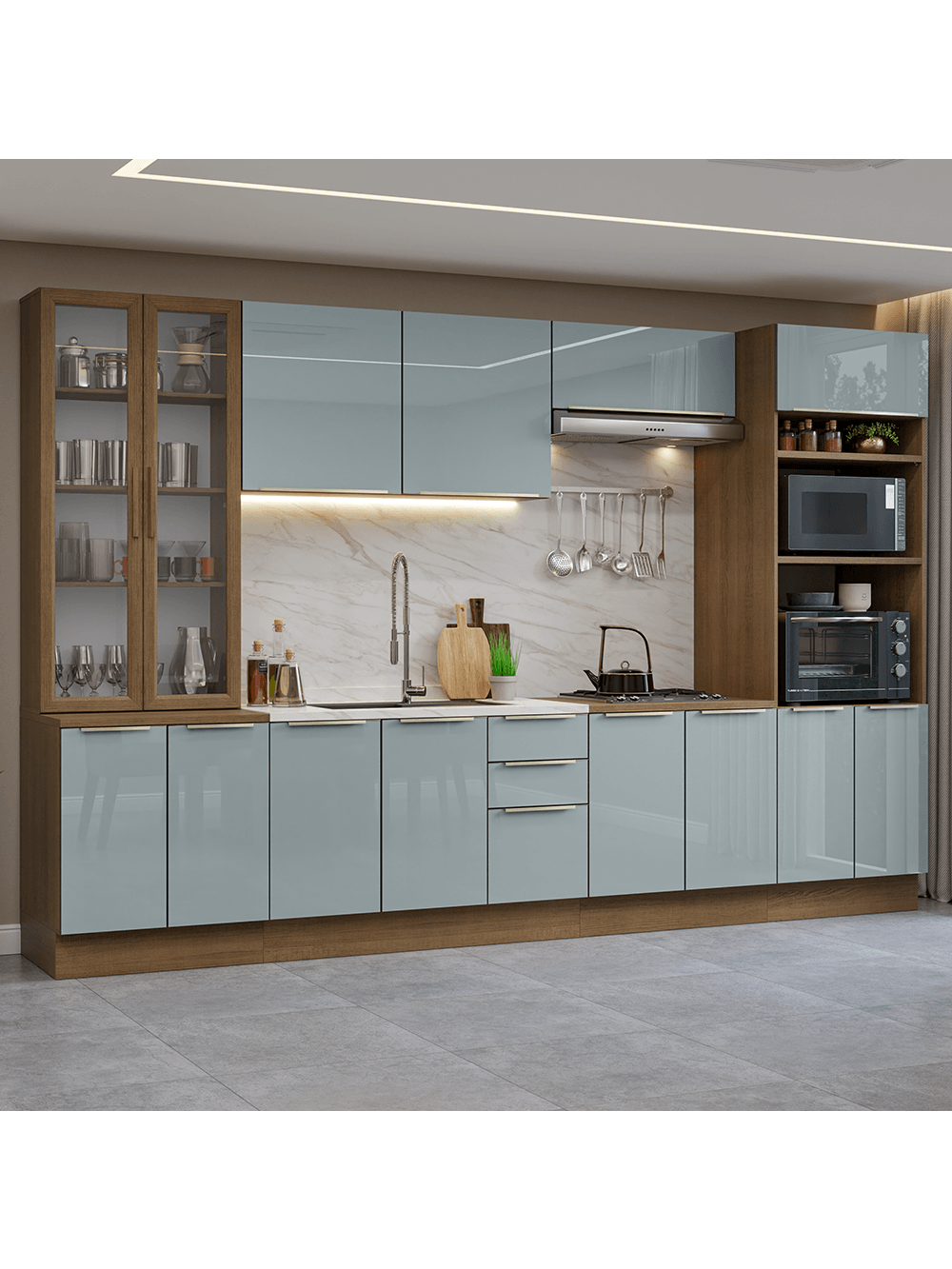 Armário de Cozinha Completa 340cm Rustic/Cinza Lux Madesa 02 - Rustic/Cinza