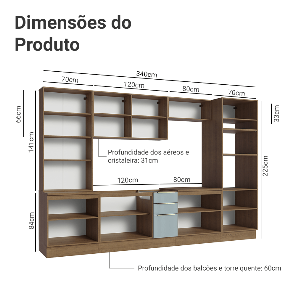 Armário de Cozinha Completa 340cm Rustic/Cinza Lux Madesa 02