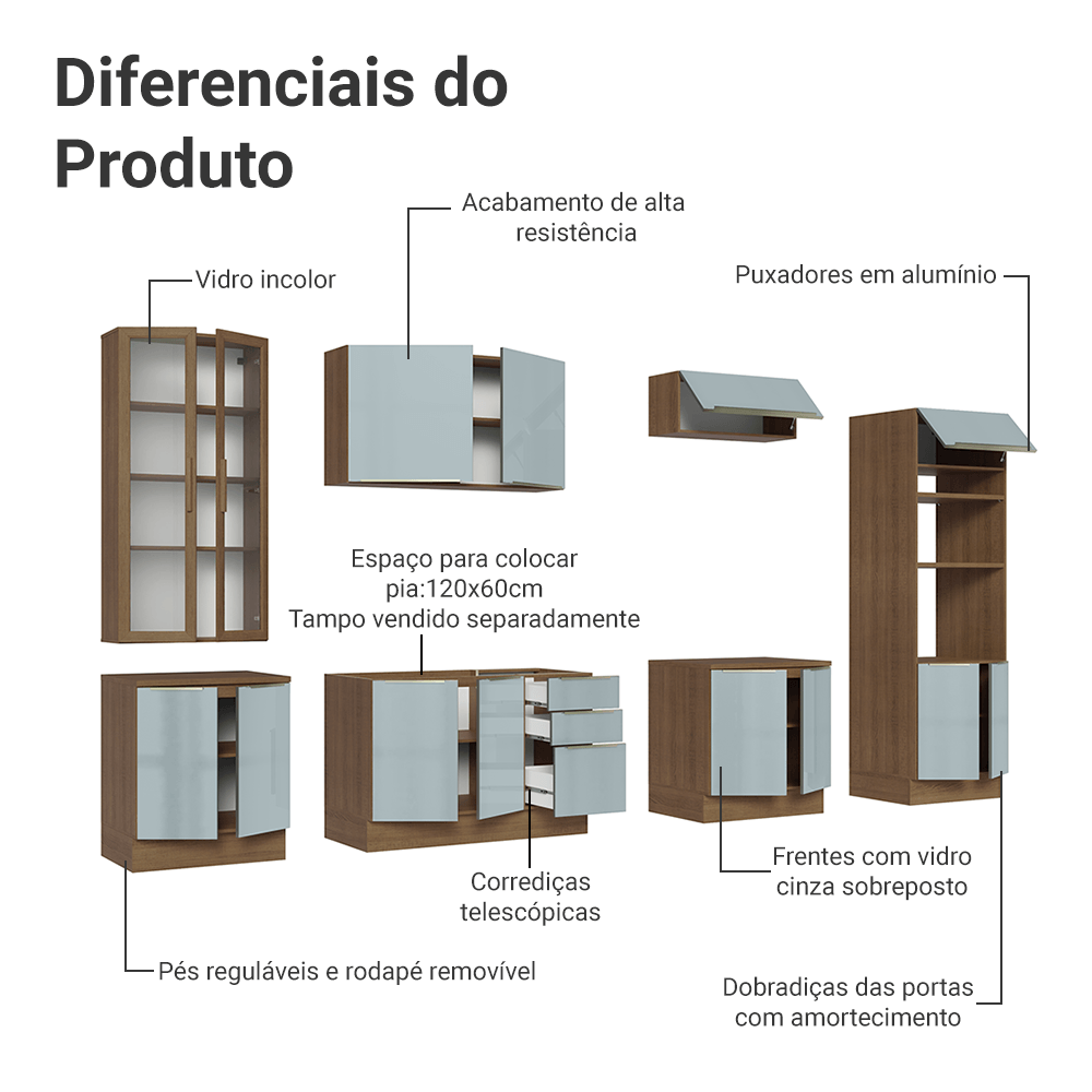 Armário de Cozinha Completa 340cm Rustic/Cinza Lux Madesa 02