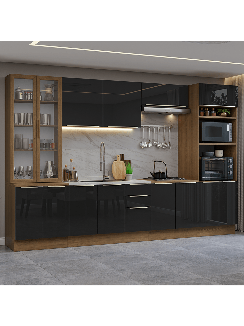 Armário de Cozinha Completa 340cm Rustic/Preto Lux Madesa 02 - Rustic/Preto