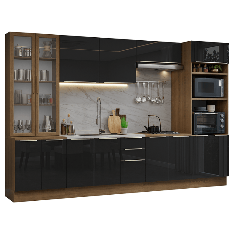 Armário de Cozinha Completa 340cm Rustic/Preto Lux Madesa 02