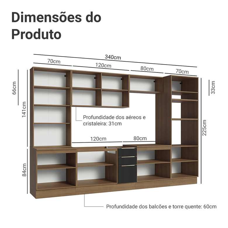 Armário de Cozinha Completa 340cm Rustic/Preto Lux Madesa 02