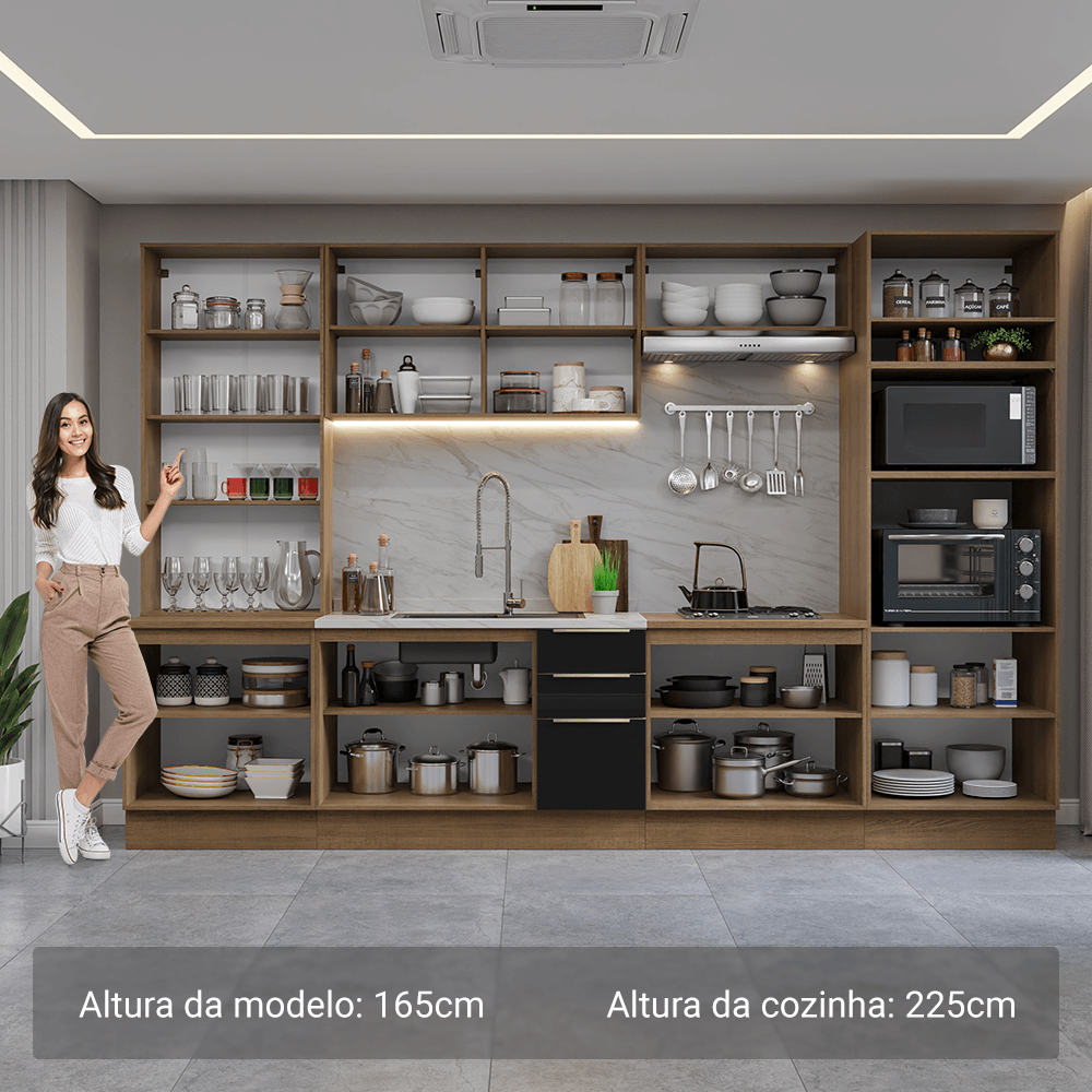 Armário de Cozinha Completa 340cm Rustic/Preto Lux Madesa 02