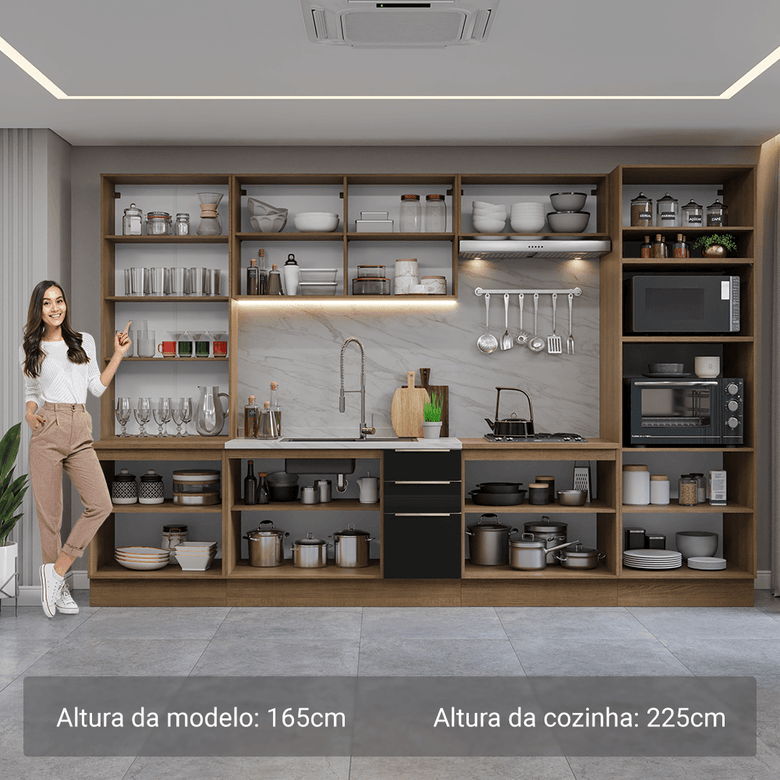 Armário de Cozinha Completa 340cm Rustic/Preto Lux Madesa 02