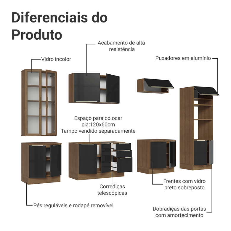 Armário de Cozinha Completa 340cm Rustic/Preto Lux Madesa 02