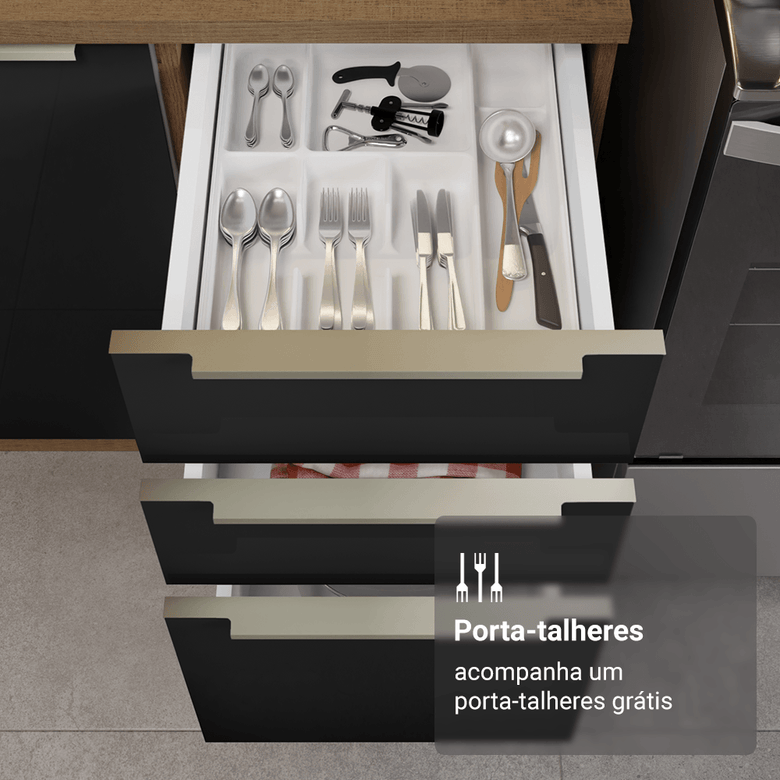 Armário de Cozinha Completa 340cm Rustic/Preto Lux Madesa 02