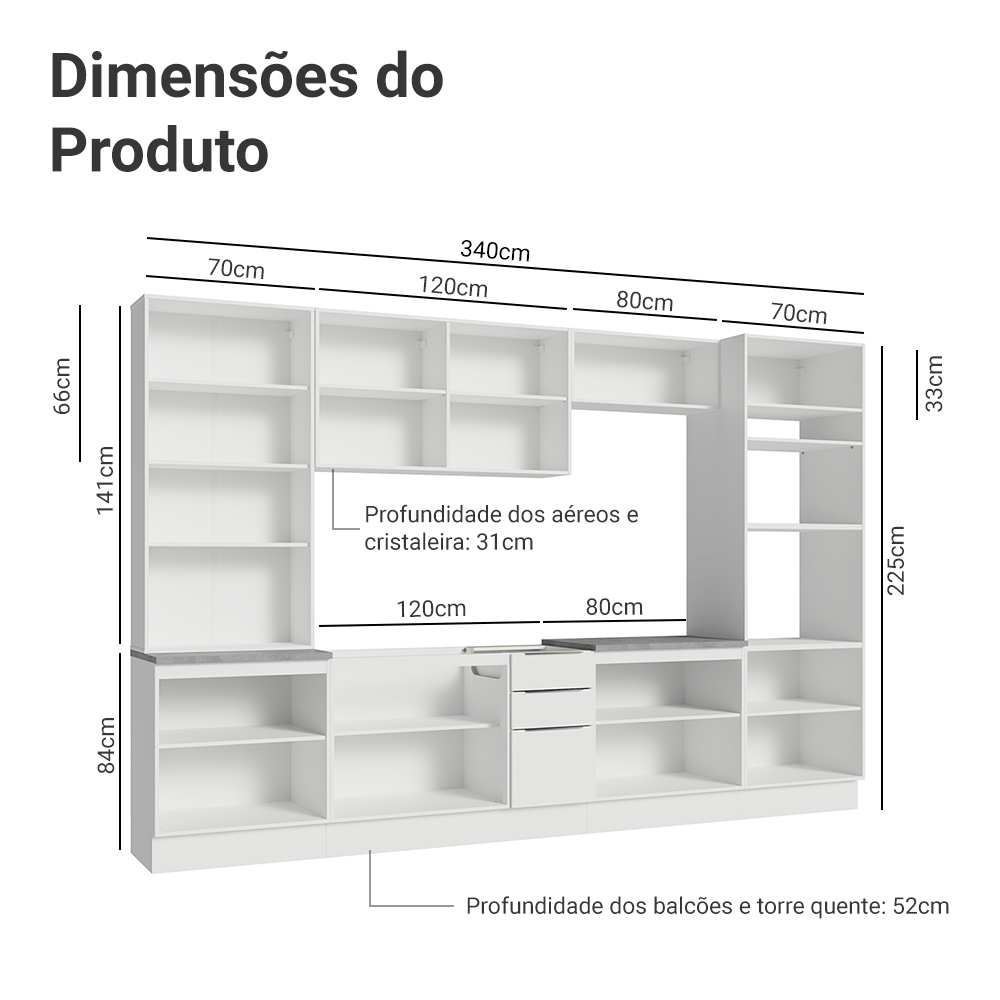 Armário de Cozinha Completa 340cm Branco Stella Madesa 01