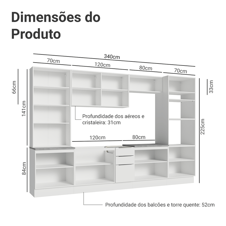 Armário de Cozinha Completa 340cm Branco Stella Madesa 01