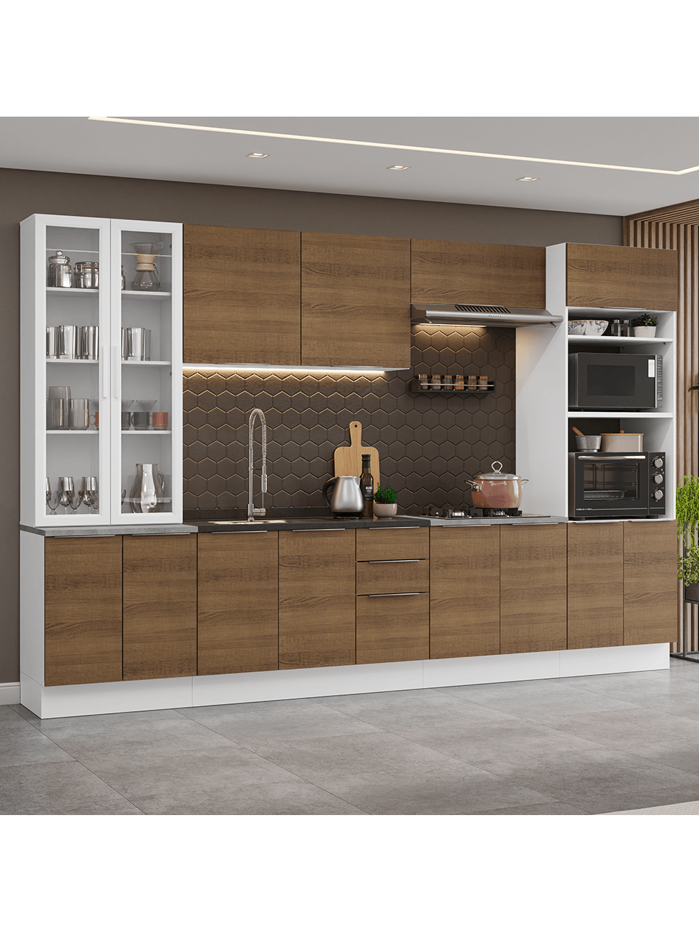 Armário de Cozinha Completa 340cm Branco/Rustic Stella Madesa 01 - Branco/Rustic