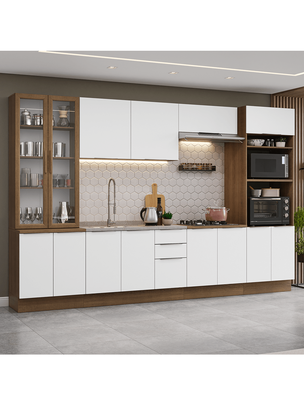 Armário de Cozinha Completa 340cm Rustic/Branco Stella Madesa 01 - Rustic/Branco