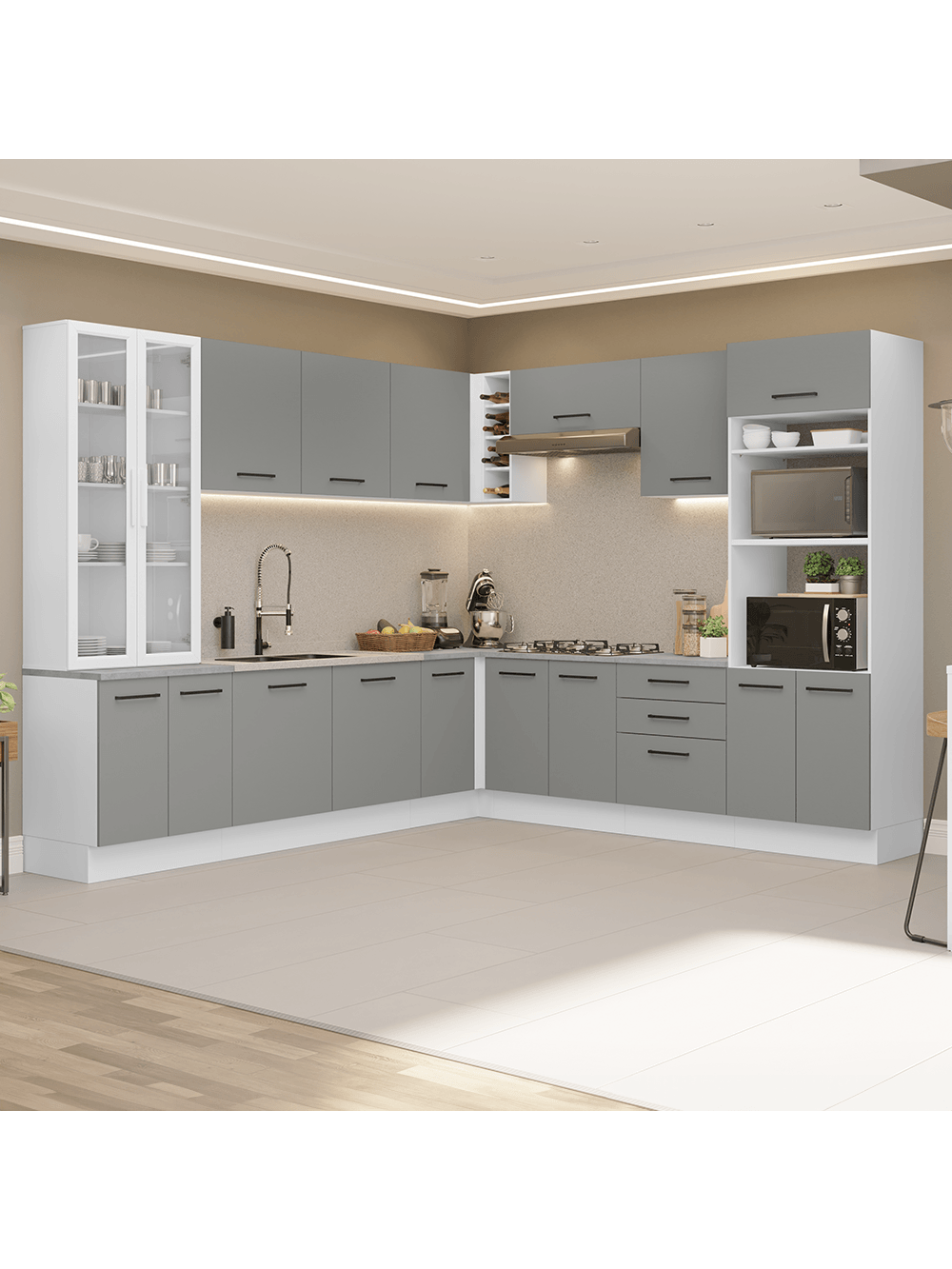 Armário de Cozinha Completa 549cm Branco/Cinza Agata Madesa 01 - Branco/Cinza