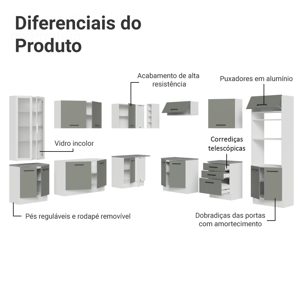 Armário de Cozinha Completa 549cm Branco/Cinza Agata Madesa 01
