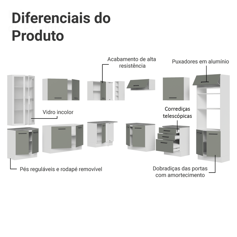 Armário de Cozinha Completa 549cm Branco/Cinza Agata Madesa 01