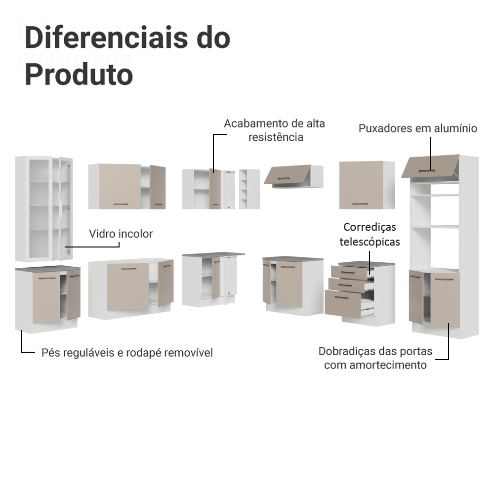 Armário de Cozinha Completa 549cm Branco/Crema Agata Madesa 01