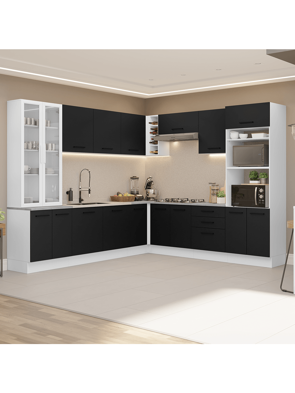 Armário de Cozinha Completa 549cm Branco/Preto Agata Madesa 01 - Branco/Preto