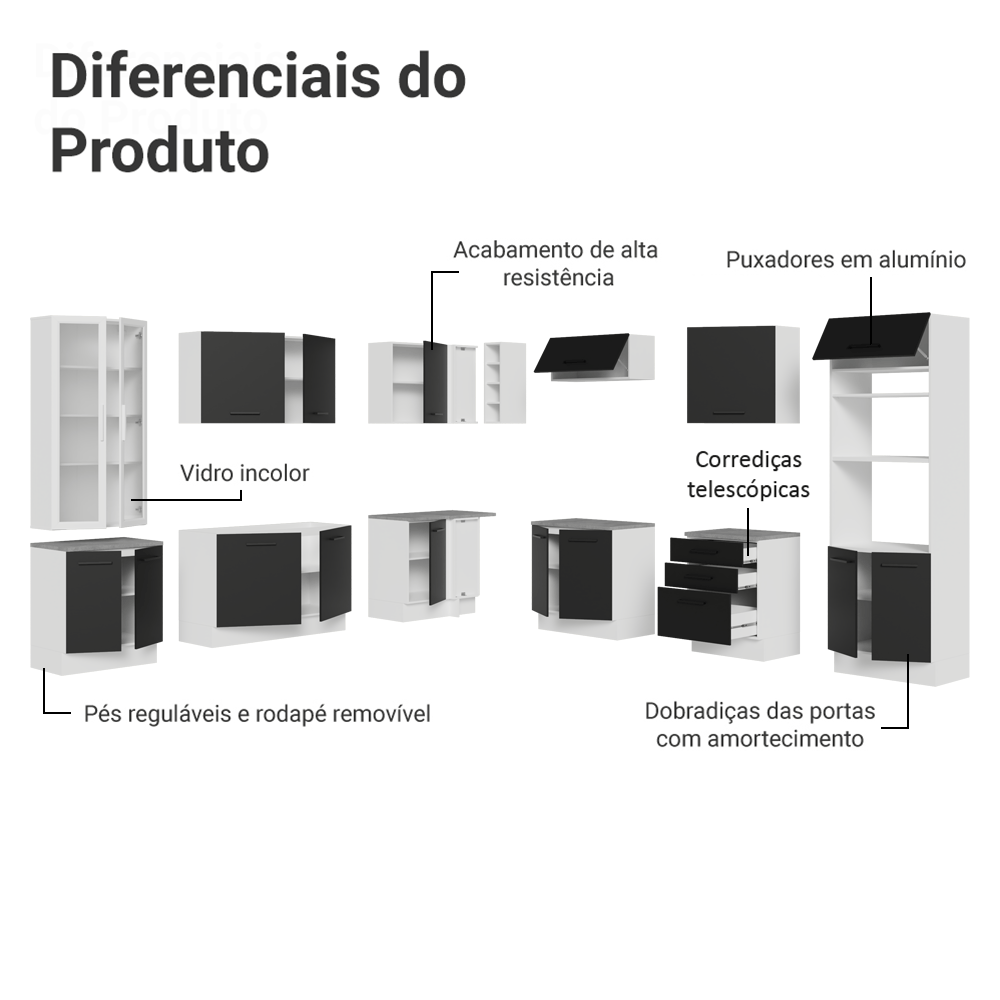 Armário de Cozinha Completa 549cm Branco/Preto Agata Madesa 01