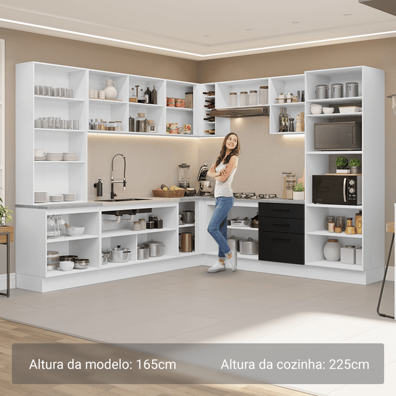 Armário de Cozinha Completa 549cm Branco/Preto Agata Madesa 01