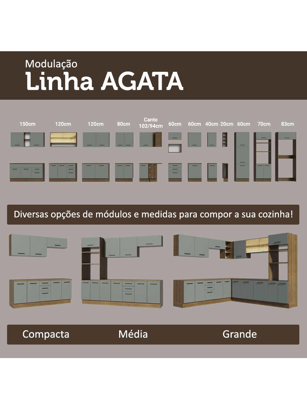 Armário de Cozinha Completa 549cm Rustic/Cinza Agata Madesa 01