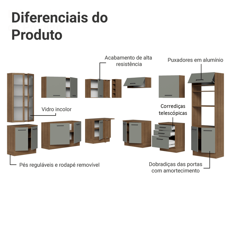 Armário de Cozinha Completa 549cm Rustic/Cinza Agata Madesa 01