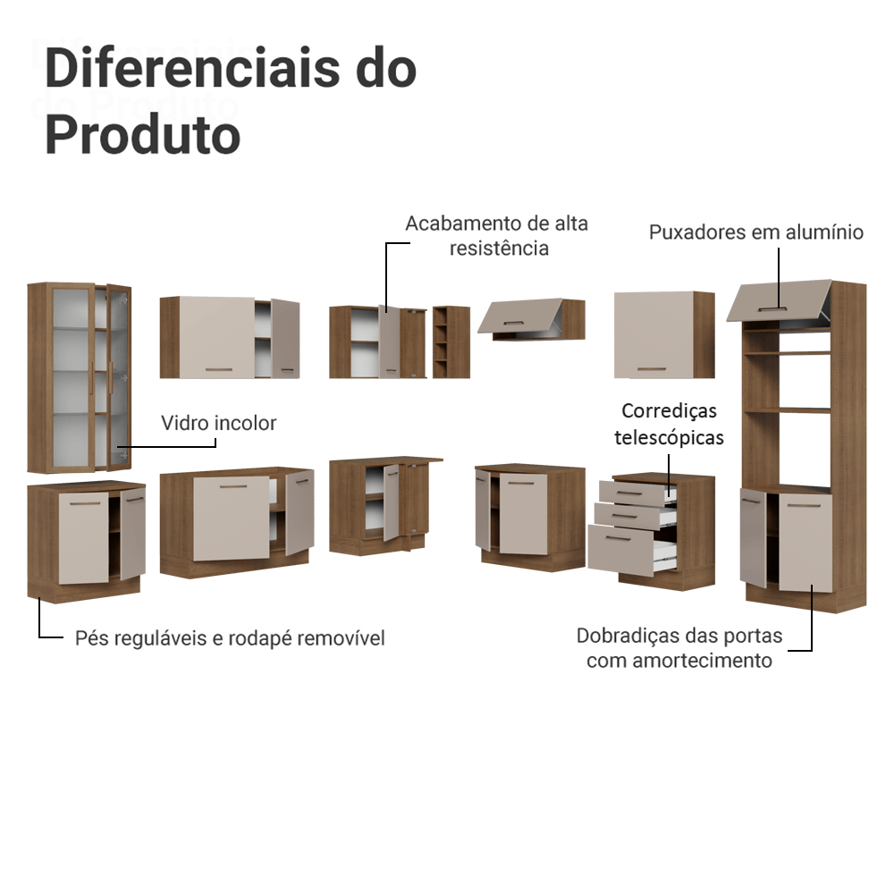 Armário de Cozinha Completa 549cm Rustic/Crema Agata Madesa 01