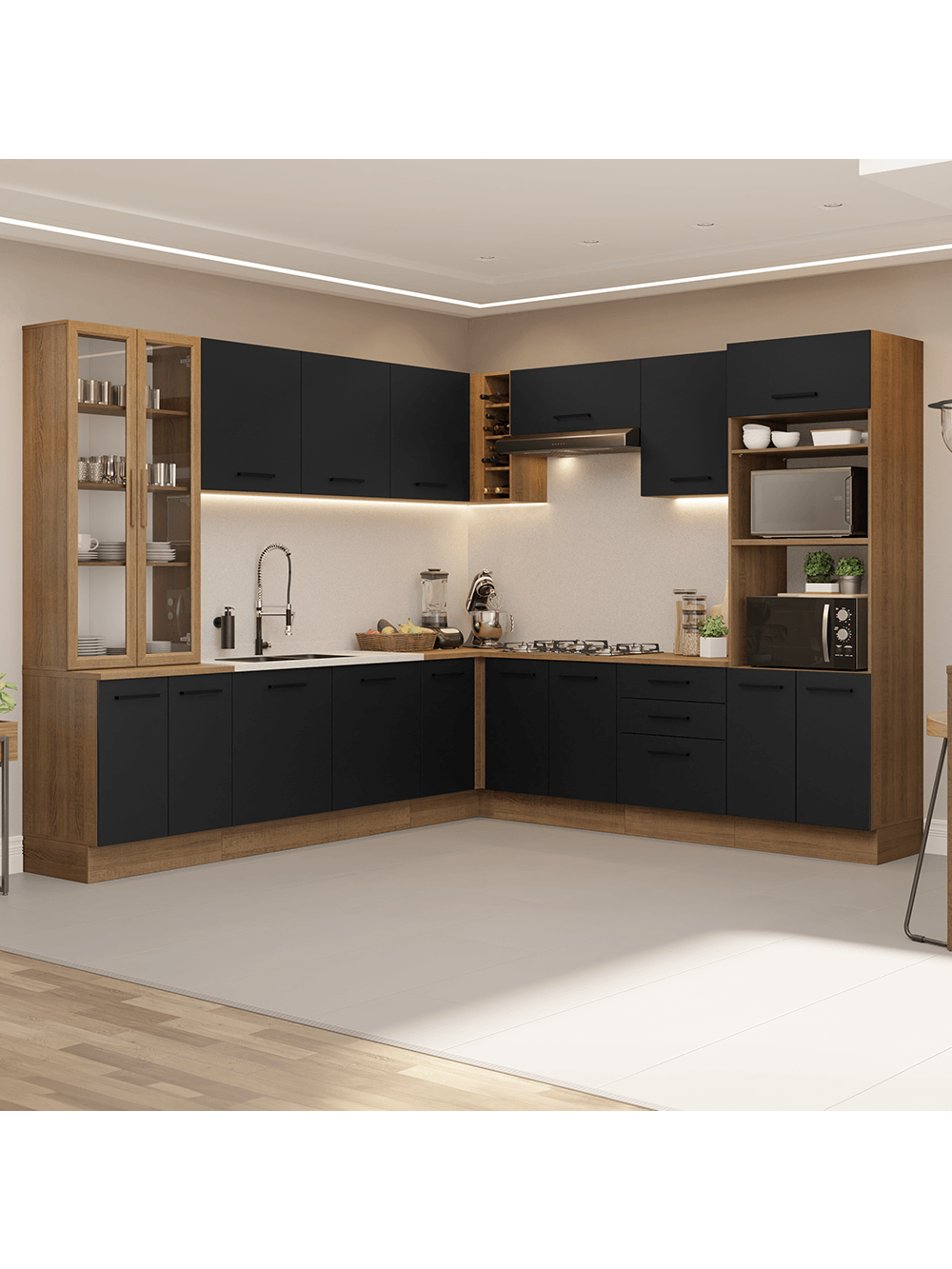 Armário de Cozinha Completa 549cm Rustic/Preto Agata Madesa 01 - Rustic/Preto