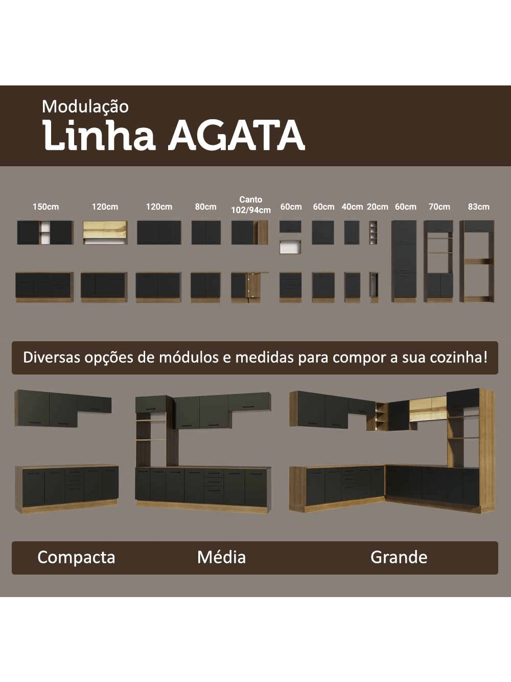 Armário de Cozinha Completa 549cm Rustic/Preto Agata Madesa 01