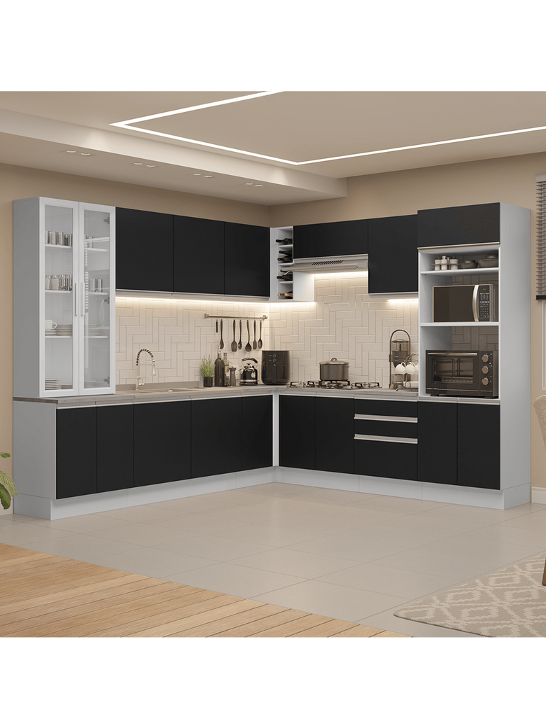 Armário de Cozinha Completa 549cm Branco/Preto Glamy Madesa 01