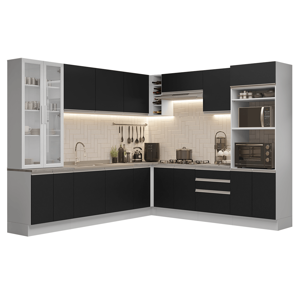 Armário de Cozinha Completa 549cm Branco/Preto Glamy Madesa 01 - Branco/Preto