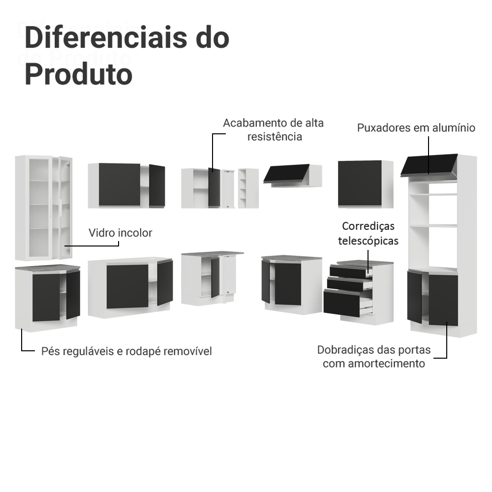 Armário de Cozinha Completa 549cm Branco/Preto Glamy Madesa 01