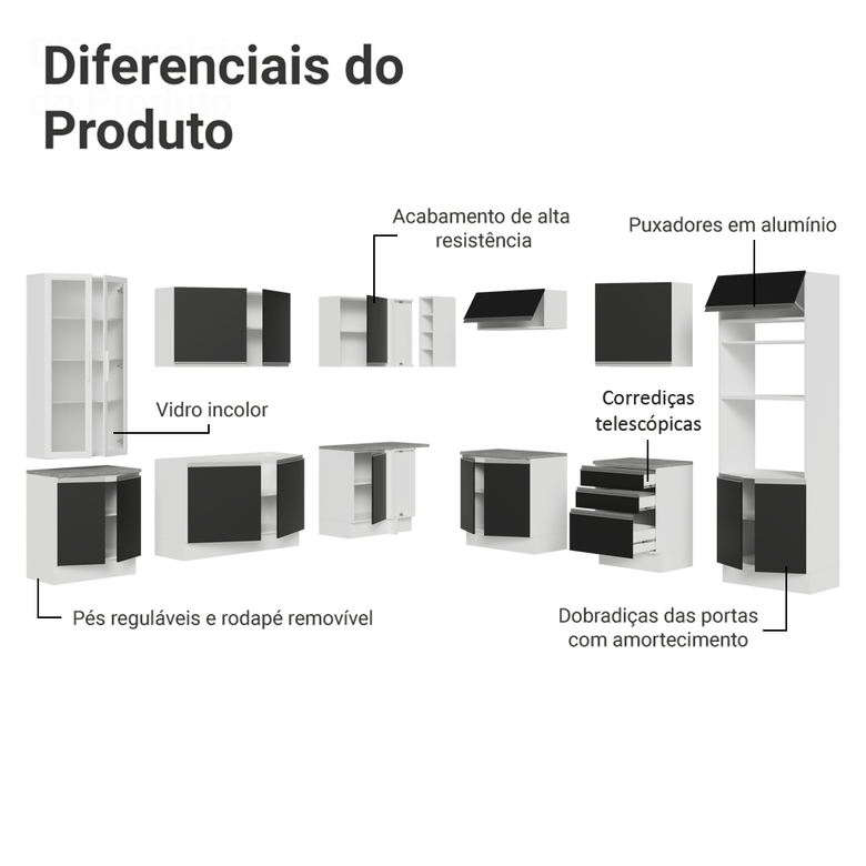 Armário de Cozinha Completa 549cm Branco/Preto Glamy Madesa 01